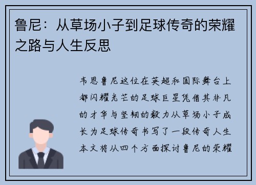 鲁尼：从草场小子到足球传奇的荣耀之路与人生反思